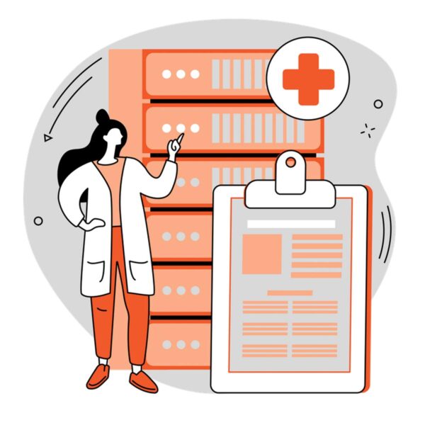 a female doctor stands next to a clipboard